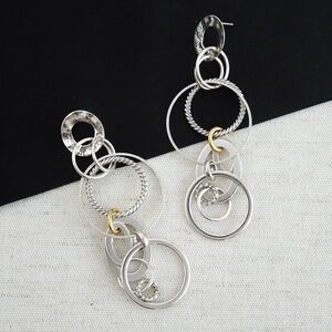 Long Multi Ring Dangle Earrings, Hammered & Textured Silver, Chic & Fun NWT